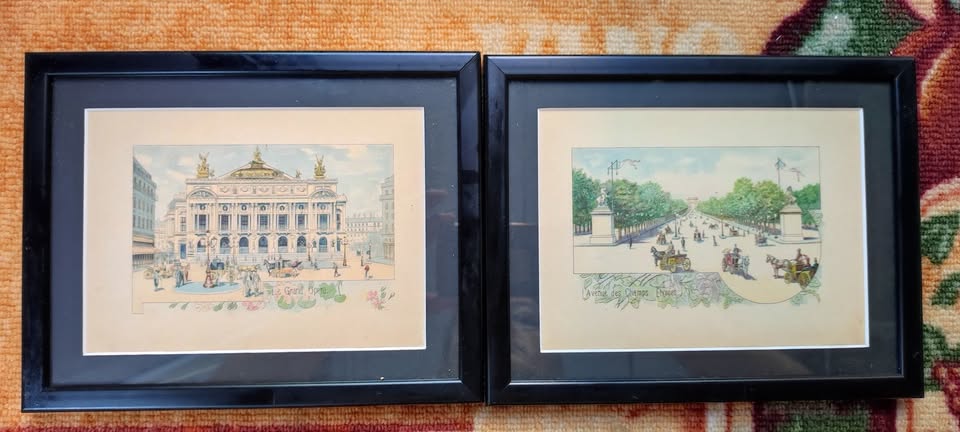 Set Tablouri Vintage - Litografii Color cu Vedere din Paris și Versailles